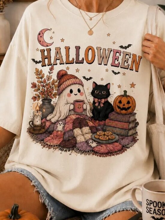 Other - Cute Halloween Ghost Cat Shirt, Cozy Spooky Season Tee, Pumpkin Tee